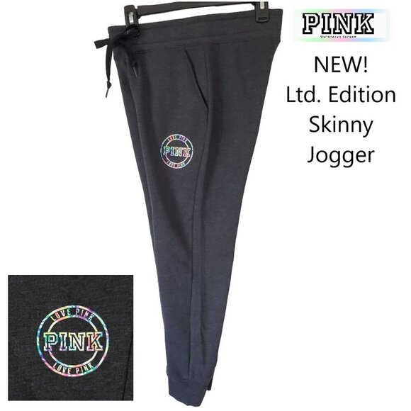 NEW VS PINK Rare LTD Edition Gray Skinny Jogger Lounge Sweatpant Rainbow Logo S - Picture 5 of 11